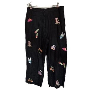 Pure & Simple Linen Pants Womens 10‎ Embroidered Cropped Black Resort Beach Sun